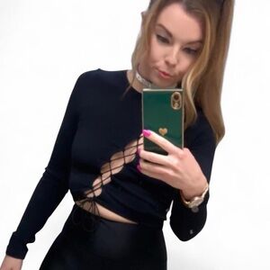 Black Lace-Up Long Sleeve Top